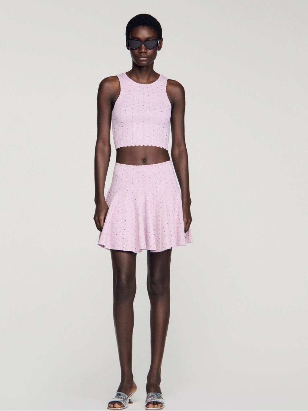 Sandro RHINESTONE KNIT CROP TOP sz L and Skirt sz M
